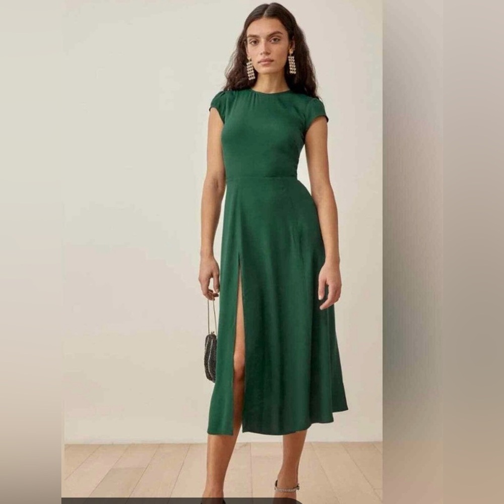 Reformation Gavin Dress Green Midi Slit Open Back Size 8